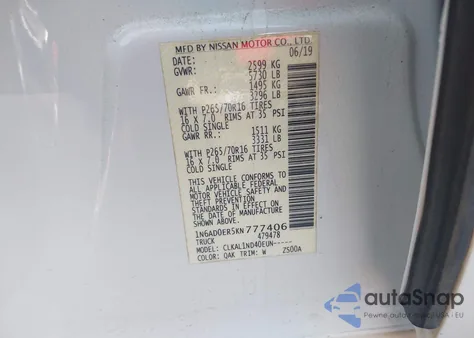 2019 Nissan Frontier S z USA, uszkodzony, nr VIN 1N6AD0ER5KN777406